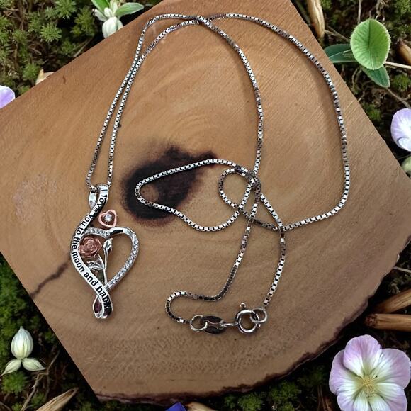 I Love You To The Moon And Back Rose Heart Sterling Silver Necklace - Picture 1 of 7